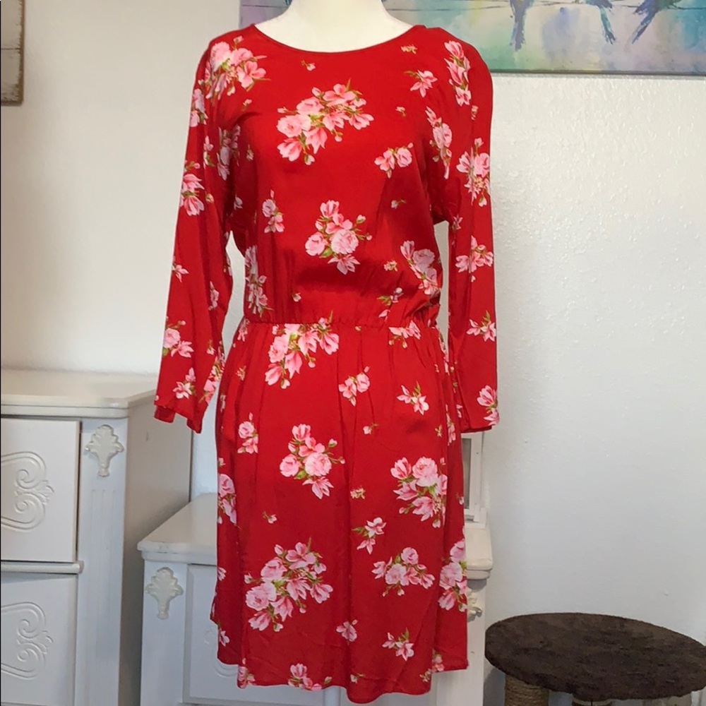 Red Floral Long Sleeve Dress